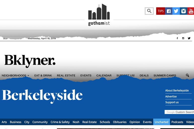 Photo illustration: the logos for Gothamist, Bklyner, and Berkeleyside.